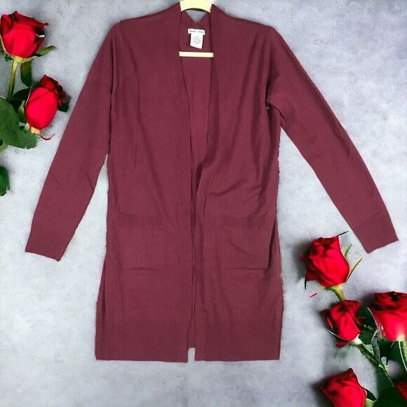 Sweet Romeo Womens XS Open Front Drape Pocketed Thin Long Cardigan Maroon - Picture 1 of 10